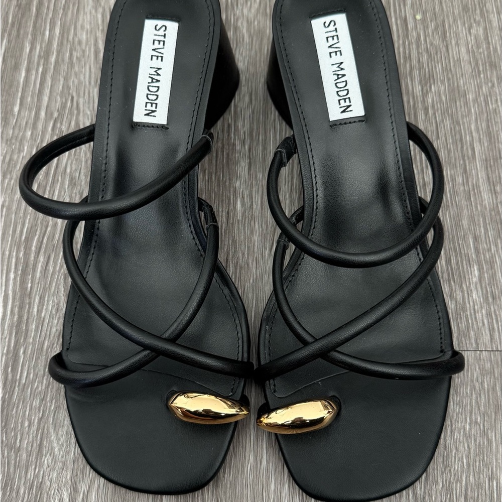 Steve Madden Black and Gold Sandal Heels